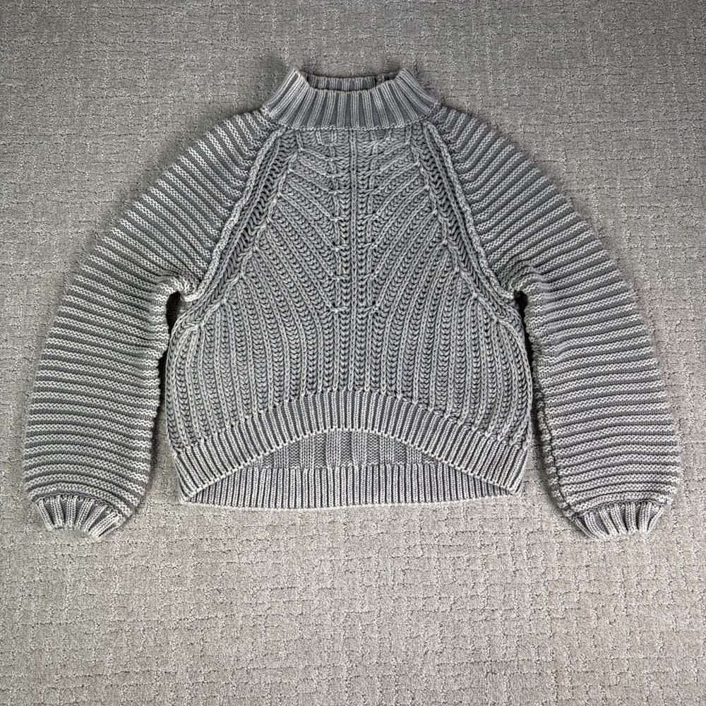 Free People Cable Knit Sweater Size S Crop Oversized Balloon Sleeve Boho Gray